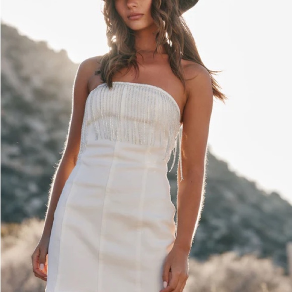 12th Tribe White Strapless Mini Dress with Rhinestone Fringe – Size Large